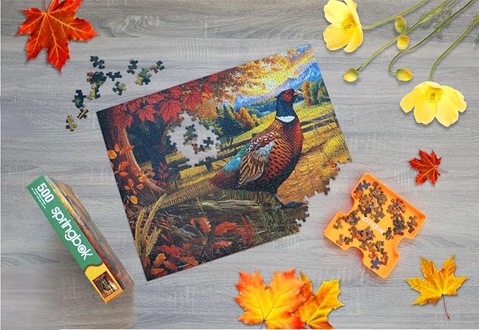 Springbok Golden Fields Pheasant 500 Piece Jigsaw Puzzle for Adults - Pheasant in a Fall Scene - Unique Cut Pieces - Made in USA