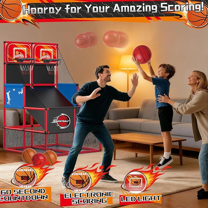 Upgrade Dual Basketball Arcade Game Kids Basketball Hoop with Electronic Scoreboard LED Light 6 Balls Indoor Outdoor Sports Toys Gifts for Boys Girls Ages 3-8 (Red)