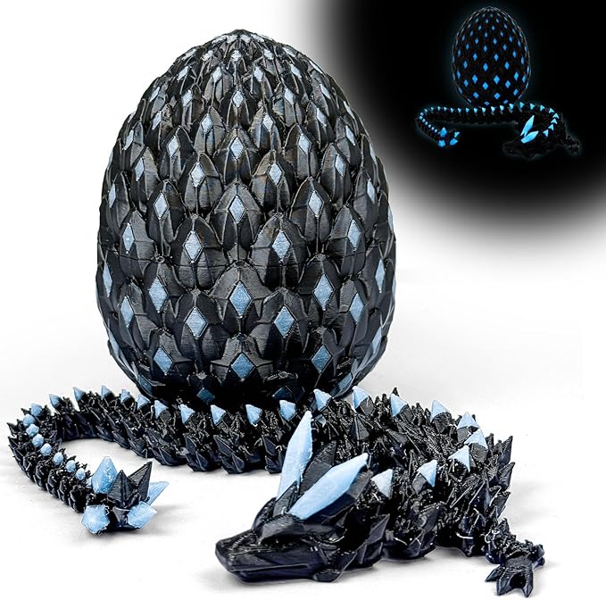 3D Printed Dragon Egg,Dragon Eggs Glow in with Dragon Inside Dark Articulated Animals Fidget Toy,Home Office Decor Executive Desk Toys for Autism/ADHD (Luminous Blue)