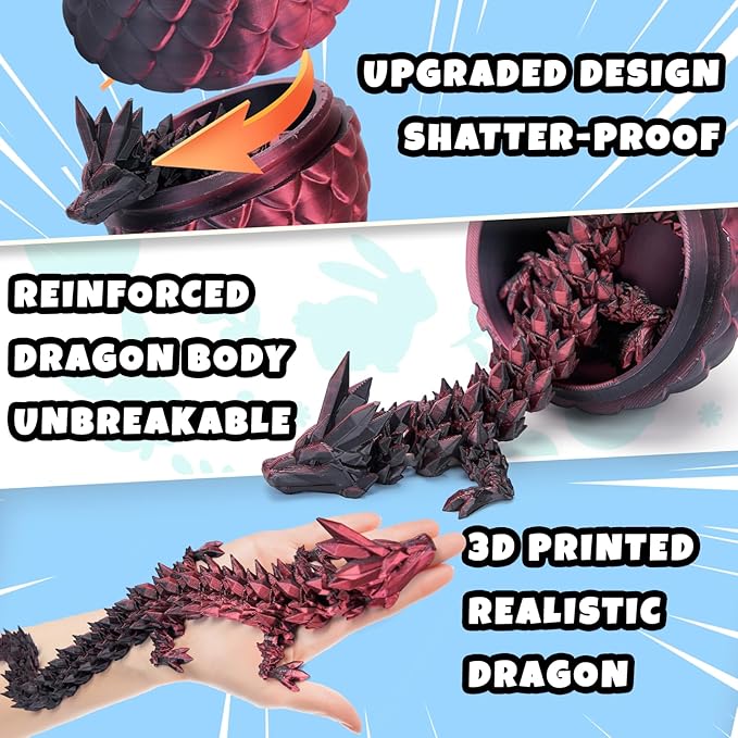 12" 3D Printed Dragon Egg, Mystery Articulated Crystal Dragon Egg Fidget Toys, 3D Print Surprise Animals Toy for Kid Teen Boy Girls (Laser Black and Red)