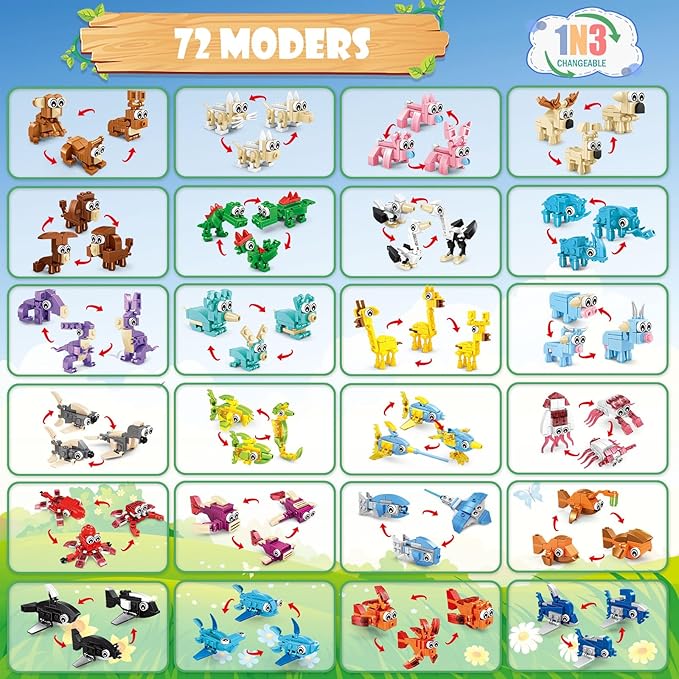 24 Packs Animals Building Sets for Kids,3 in 1, 72 Kinds of Transformable Building Block Toy,Compatible with Lego Party Favors,Classroom Student Prizes Birthday Gifts for Kid Age 6+