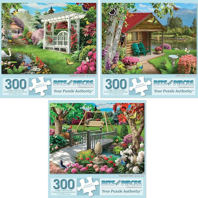 Bits and Pieces – Value Set of Three 300 Piece Jigsaw Puzzles for Adults – Gardens Galore, Lake Life, Peaceful Park Jigsaw Puzzles by Artist Alan Giana, Completed Puzzle Size: 18" x 24"