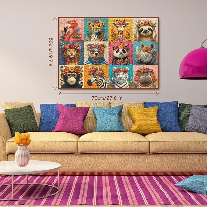Animal Flower Puzzle for Adults 1000 Pieces, Cute Giraffe Jigsaw Puzzle, Colorful Floral Bear Tiger Flamingo Lion Sloth Cheetah Panda Hippo Zebra Collage Puzzle