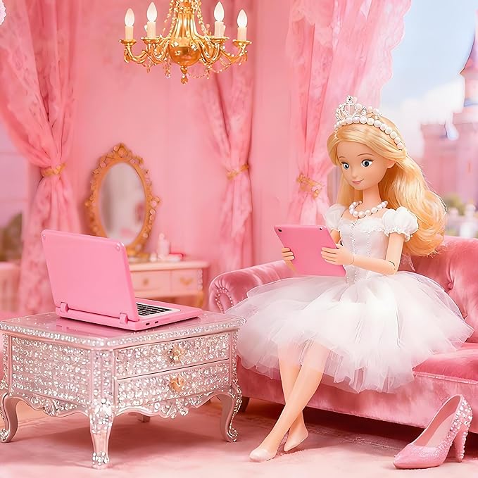 1/12 Dollhouse Furniture Decor Laptop Accessories, 1/6 Scale Minature Tablet Smart Phone Mini Stuff Doll House Furniture Play Set Accessories 3 Pcs (Pink)