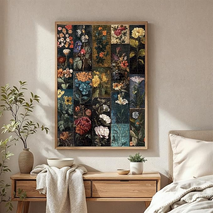 Vintage Collage Flower Puzzle 1000 Pieces for Adults, Floral Wildflower Colorful Art Jigsaw Puzzle, Beautiful Moody Aesthetic Sunflower Puzzles