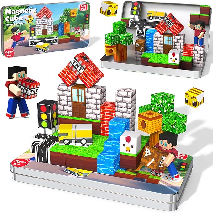 45 Pcs Travel Magnetic Blocks -Mini Magnetic Building Blocks for Kids Ages 4-8, Magnet Cubes Stacking Toys with Portable Metal Box, Easter Birthday Gift for 3+ Year Old Boys Girls