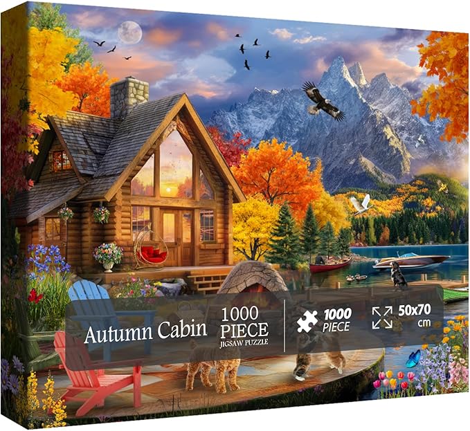 Fall Autumn Landscape Puzzle for Adults 1000 Pieces Nature, Colorful Cozy Jigsaw Puzzle, Cat Puppy Flower Bird Puzzle