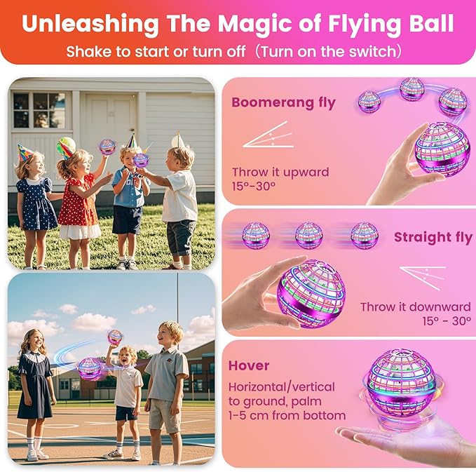 Flying Orb Ball Toy, 2026 Upgrade Hand Controlled Hover Ball with LED Lights, 360° Rotating Boomerang Globe, Cool Mini Drone, Ideal Birthday&Christmas Gift for Boys Girls-Red & Purple
