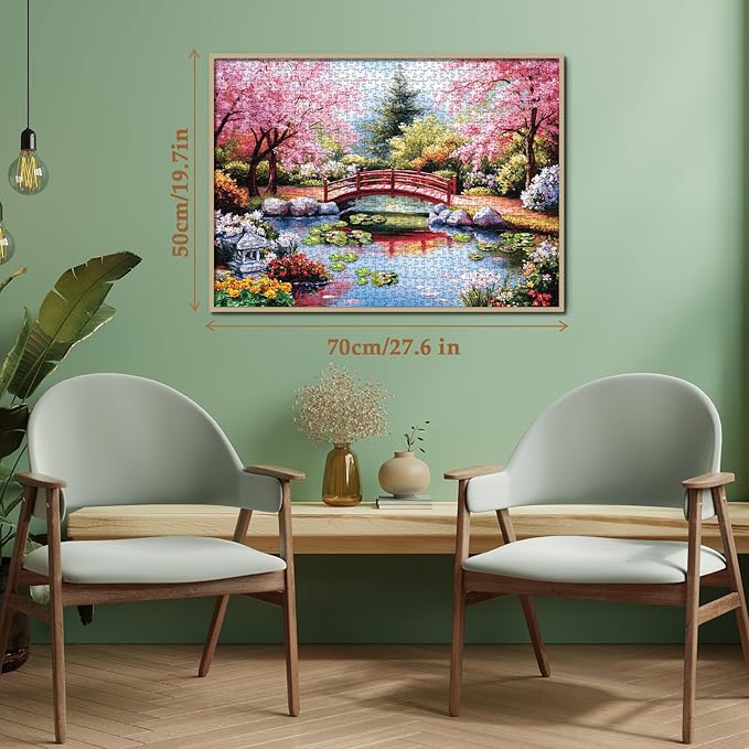Garden Landscape Painting Jigsaw Puzzle 1000 Piece for Adult, Colorful Art Flower Cherry Blossom Plant Jigsaw Puzzles, Pretty Aesthetic Lotus Puzzle