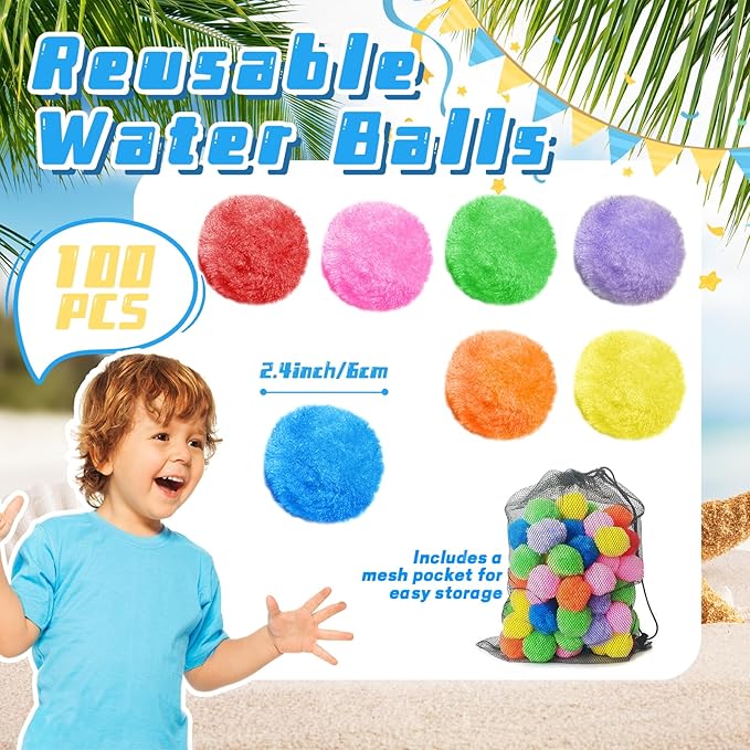 100PCS Reusable Water Balls,Outdoor Water Balloons for Kids,Water Games Toys Sponge Soaker Ball for Boys,Girls,Summer Backyard,Pool Party,Fun Lawn,Beach(7 Colors)