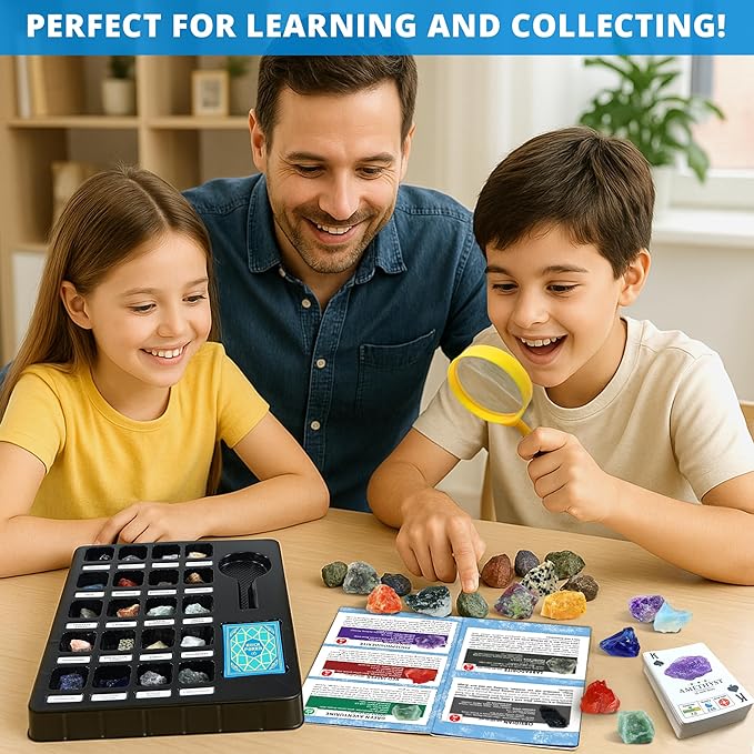 PIBEX Jumbo Rock Collection Kit - 20 Pcs Large Unpolished Rocks, Minerals & Crystals (1.5-2 inch) with 54 Game Cards, Learning Book, Collector Box & Magnifier - Educational Rock Lover Gift for Kids 6+
