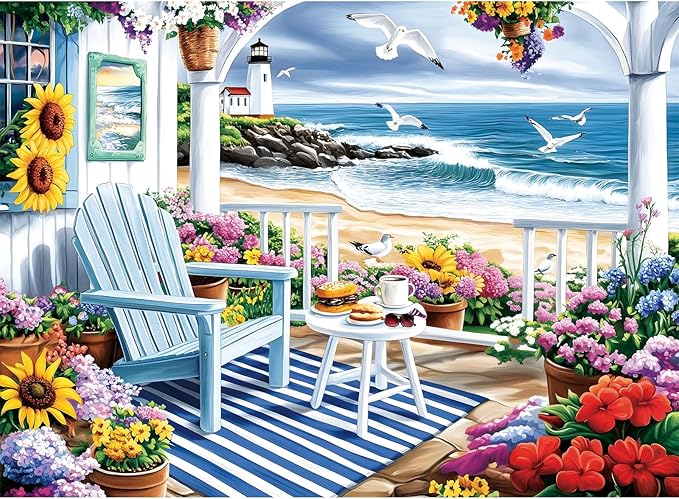 500 Piece Puzzle for Adult,Summer Seaside Pavilion Flower Puzzle for Adult Senior,Colorful Jigsaw Puzzle for Hawaii Landscape Lovers,Challenging Family Activity Game Gift for Family Friends,20.5*15 In