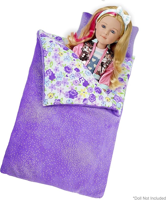 June Garden Cozy Dream Reversible Doll Sleeping Bag - 2-Piece Playset Doll Accessory with Pillow - Fits 18" American Girl Dolls - Gifts for Girls 2 3 4 Year Old