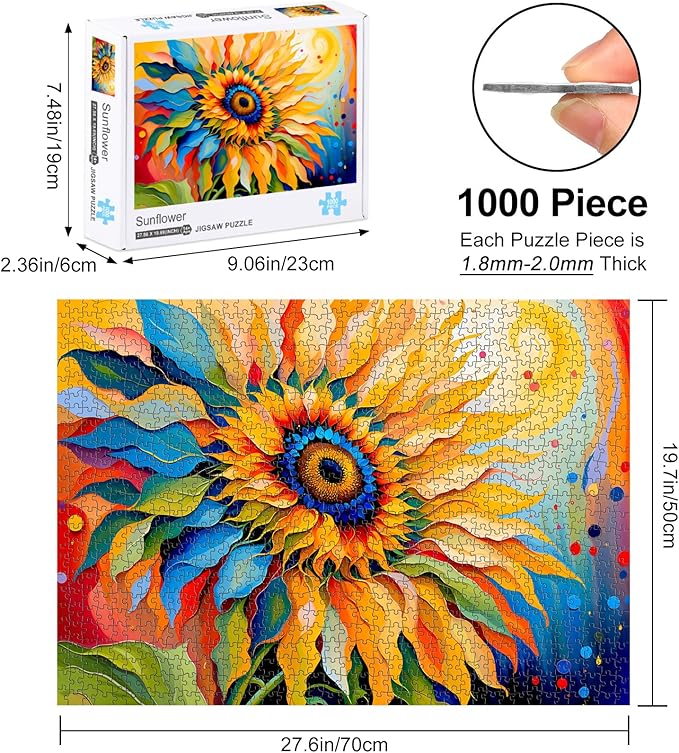 Rocorose Sunflower Jigsaw Puzzle for Adults 1000 Pieces, Colorful Gradient Flower Artwork Family Challenging Fun Activity Floral Puzzle Game Great Gift for Paint Lovers