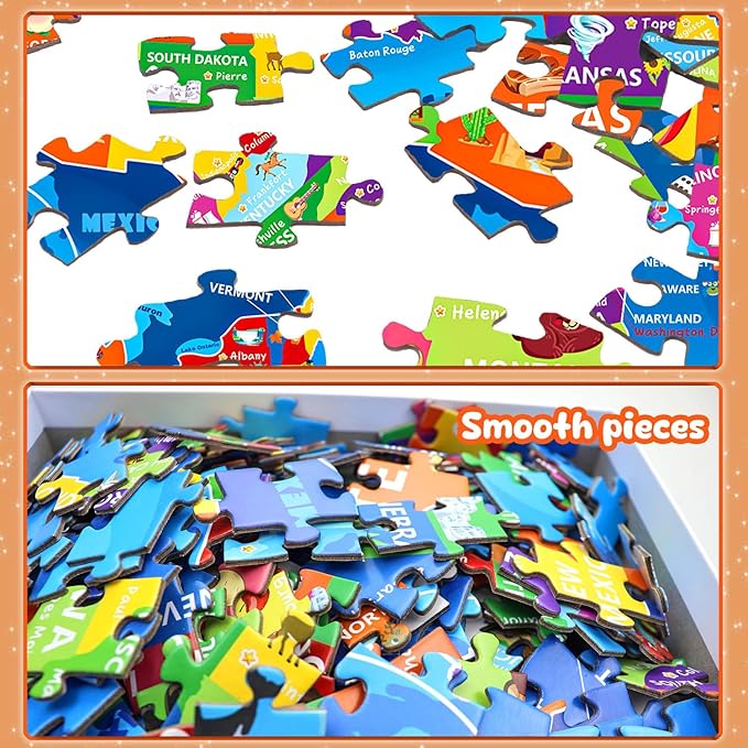 United States Map Puzzle for Kids Ages 6-8 8-10 10-12 - 200 Piece Floor Jigsaw with Poster - Educational USA Geography Jigsaw with 50 States & Capitals - Large Map Puzzle STEM Gift for Boys and Girls
