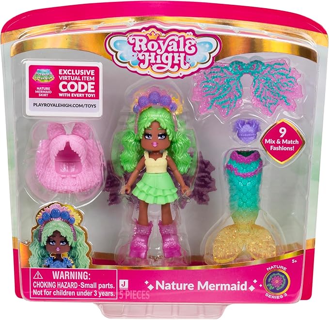 Royale High 3” Nature Mermaid Fashion Doll - 1 Figure with 9 Fashion Accessories - Virtual Item Code Included - Series 3 - Ages 5+
