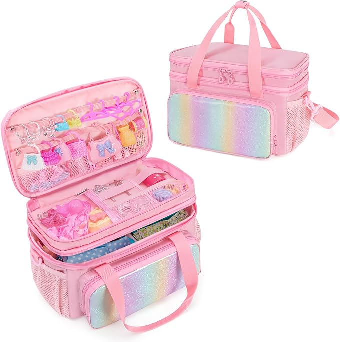 GRAOSO Carrying Case Compatible with Barbie Doll Clothes, Doll Accessories Storage Organizer, Double Layer Design, with Handle and Detachable Shoulder Strap, Case only (Pink)