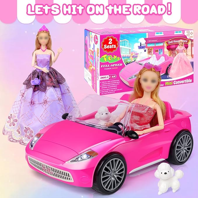 78 Pcs 11.5 Inch Doll Rose Convertible Toy Car Playset, Toys for Kids Including 11.5 in Girl Dolls, Toy Car, 1 Fancy Dress, 3 Regular Dress, 1 Fashion Dress, 71 Doll Accessories