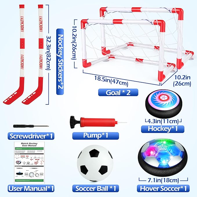 Hover Soccer Ball Set, Hover Hockey Set for Kids, Air Floating Soccer Toys Hockey Ball with Led Light, Indoor Outdoor Sports Toys & Games, Christmas Birthday Gifts for 3-12 Years Boy Girl