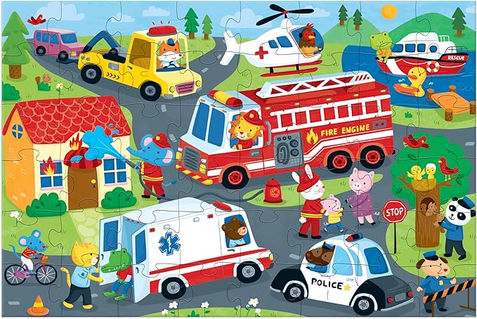 Mudpuppy Rescue Vehicles – 48 Piece Giant Floor Jigsaw Puzzle Featuring A Colorful Scene of Different Kinds of Rescue Transportation Vehicles and Adorable Rescue Characters