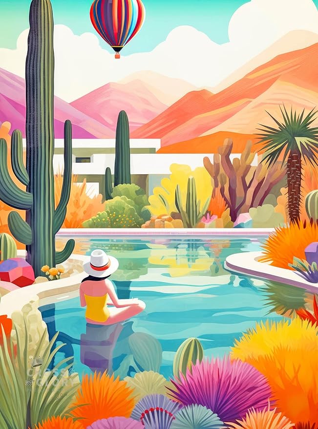 Cross & Glory - Blossoming Desert: Poolside Paradise - 1000 Piece Jigsaw Puzzle for Adults | Vibrant Desert Cactus & Succulent Landscape | 20x27 Inches Satin Finish