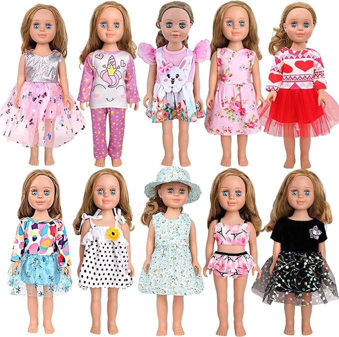 MSYO 10 Sets Doll Clothes for 17 - 18 Inch Dolls, Diverse Outfits (Floral, Polka Dot, Unicorn) & Accessories, Fashion Dress - Up Set for Girl Doll Play & Gifting (Best Gift for Kids)