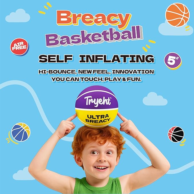 Mini Basketball, 5-Inch Self-Inflating Rubber Ball – No Pump Needed, High-Bounce Breacy Ball for Indoor Mini Hoop & Outdoor Play