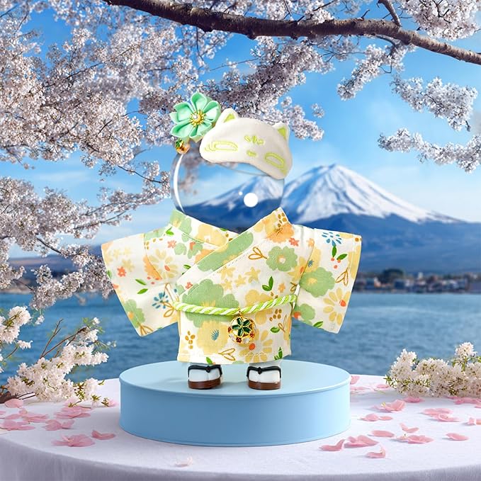 Clothes for 17cm Dolls,Outfit Accessories Kimono Set for 6.7inch Dolls Boys, Kawaii Chic Deigner Style Flower Hairbow+Green Clothing+Cute Mask+Clogs(NO Doll)