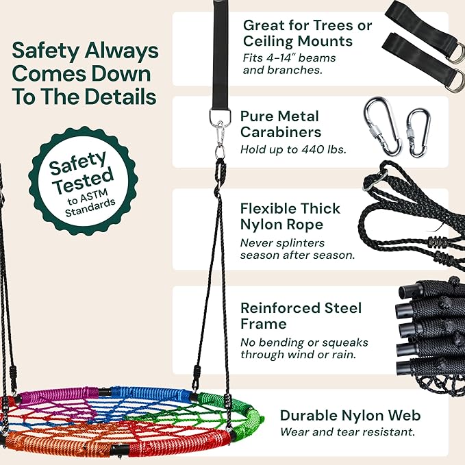 PLAYVIBE Spider Web Tree Swing Gift - 40 in Multicolor Saucer Swing - 440 lb Capacity with Hanging Straps & Carabiners - Weather-Resistant Outdoor Play for Kids & Toddlers Year-Round Family Fun