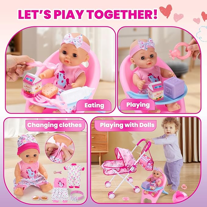 Baby Doll Stroller Play Set with 12.5" Baby Dolls, 28 Pcs Pretend Role Play Doll Accessories Including Crib, Dining Chair, Doll Clothes, Sunglass, Handbag for Girls Toddlers 3-5 4-6 5-7