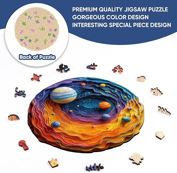 Mys Aurora Space Puzzles for Adults, 200 Piece Unique Shapes Solar System Wooden Puzzles, 3D Visual Effect Planet Jigsaw Puzzles, Family Puzzle Games Birthday Gift, 11.4 x 11.2 Inches