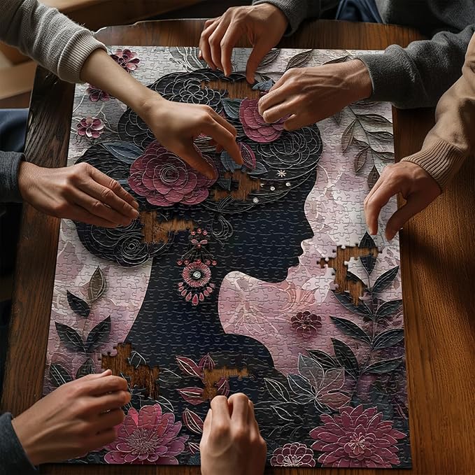 Impossible Puzzle for Adults 1000 Pieces, Black Girl Puzzles Flower Plant Aesthetic Art, Floral Elegant Black Woman Jigsaw Puzzle Paper Cut