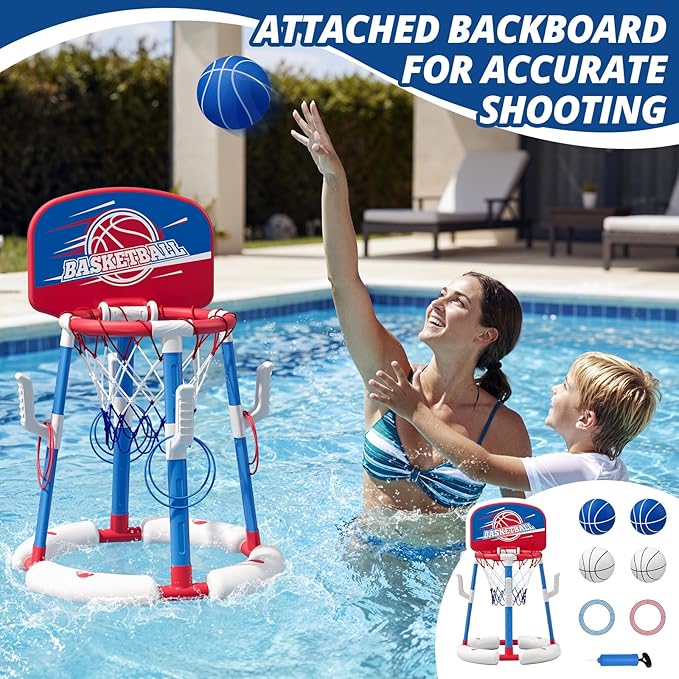 2 in 1 Pool Basketball Hoop with Backboard & Ring Toss Game, Floating Pool Toy - Anti-Tip Stable Base - with 4 Balls/8 Rings/Pump - Summer Water Indoor Outdoor Toy Gifts for Kids 4-8 & Adults, Red