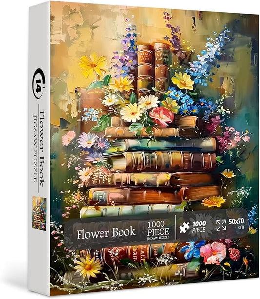 Vintage Book Puzzle for Adults，PICKFORU Wildflower Pages Jigsaw Puzzle 1000 Pieces,Retro Plant Floral Puzzle, Book Aesthetic Puzzle for Book Lover