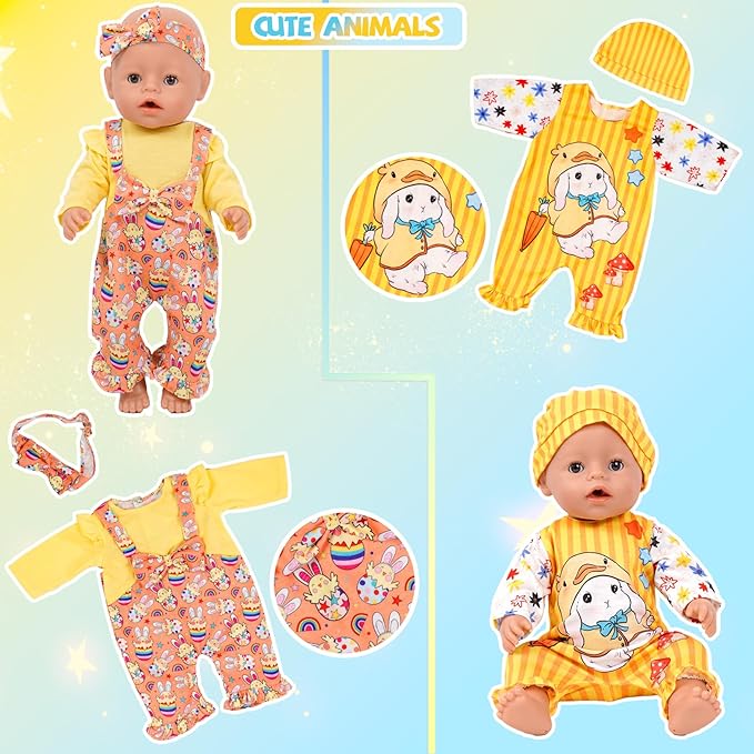 WONDOLL 6 Sets 14-18 Inch Baby Doll Clothes, New Born Doll Outfits with Rompers & Accessories for 16-inch Soft Body Dolls ( No Doll)