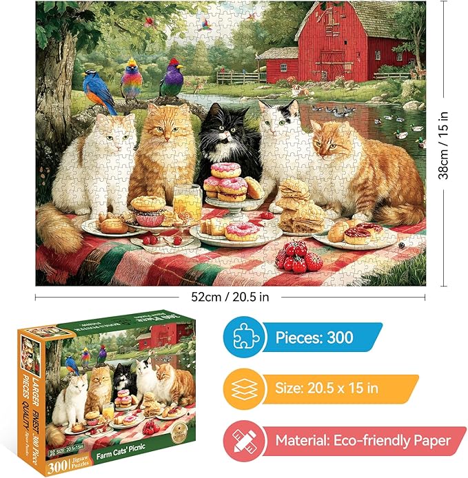 300 Piece Puzzles for Adults, Spring 300 Piece Puzzles for Adults Large Piece, Cats Having Picnic Jigsaw Puzzle Funny Gift for Adult Kids Challenging Family Games Toy, 20.5 X 15 in