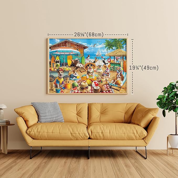 BenBen 1000 Piece Puzzle for Adults, 4 Pack Jigsaw Puzzles with Letters or Patterns on Back, Dogs' Dinner Party, Dogs on Vacation, Sunset Seaside, Fusine Lake Themes