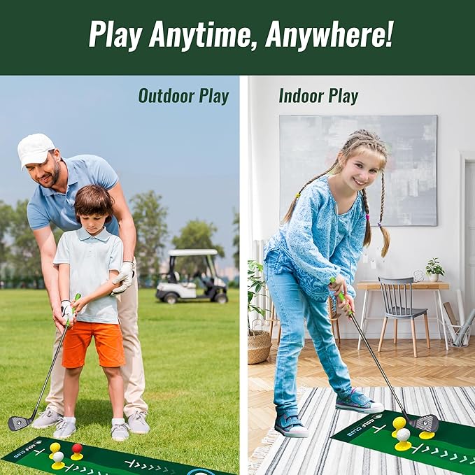 Toddler Golf Clubs Set - Kids Retractable Indoor Outdoor Game Play Toys for 3 4 5 6 7 8 Years Old Boys Girls - Realistic Yard Toy Kit with Adjustable Golf Club Putting Mat Cornhole Board Scoreboard