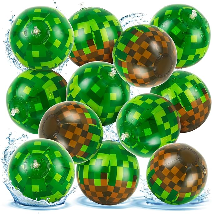 24 Pack Pixel Themed Beach Balls - 6 Inches Green and Brown Inflatable Floating Balls for Birthday Party Decorations, Summer Pool and Beach Game, and Bulk Birthday Party Favors