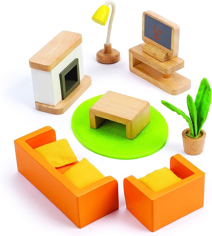 Hape Wooden Doll House Furniture Media Room Set| Pretend Playset for Kid’s Wooden Dollhouse