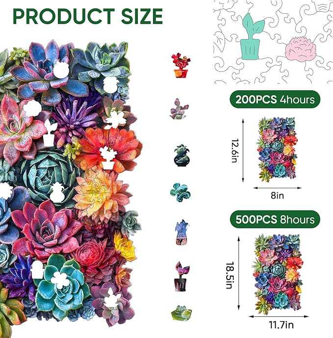 Delobil Rectangular Succulent Wooden Puzzles, 200 Pieces Jigsaw Puzzles 12.6'' x8'', Unique Design Wooden Puzzles for Adults and Kids, Family Game Gift