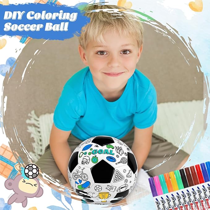 Size 5 Color Your Own Soccer Ball Black DIY Custom Craft Kit with Pump 12 Markers Personalized Youth Toddler Training Paint Your Own Toy Creative Gift for Kids (Black Soccer Ball, 5)