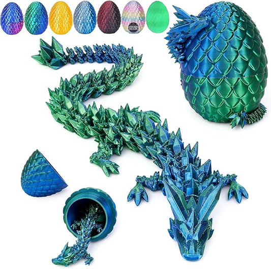 12 in 3D Printed Dragon Egg - Easter Basket Essentials Stuffers, Prefilled Easter Egg Filled with Toy for Kid Boys, Crystal Articulated Dragon Fidget Toys (Laser Green)