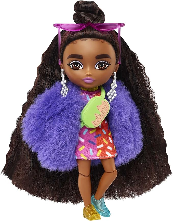 Barbie Extra Minis Doll #1 (5.5 in) Wearing Sprinkle-Printed Dress & Furry Coat with Doll Stand & Accessories Including Micro Sunglasses and Waist Bag, Gift for Kids 3 Years Old & Up