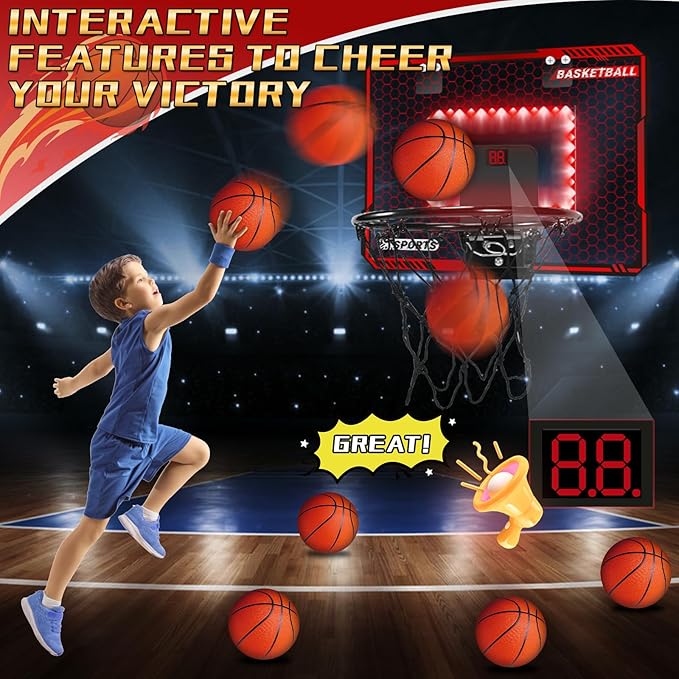 Basketball Hoop Indoor with LED Lights, Basketball Toys Gifts for 5 6 7 8 9 10+ Year Old Boys Kids, Indoor Over The Door Mini Basketball Hoops with Electronic Scoreboard & 3 Balls