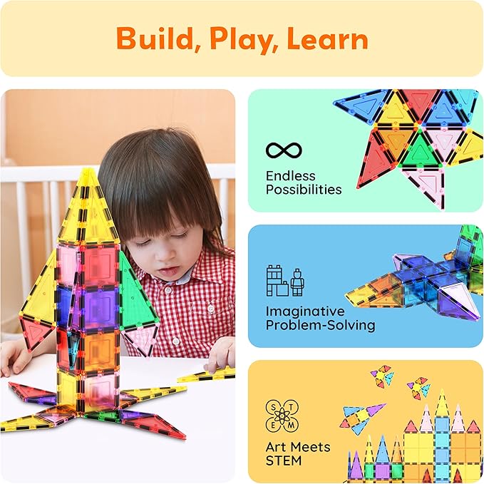 PicassoTiles 101 PCs Magnetic Tiles Building Block with Storage Case Included Bold Colors Travel Carry Case Construction Set for Boys & Girls Great Gift Preschool Kindergarten Montessori Playing Toys
