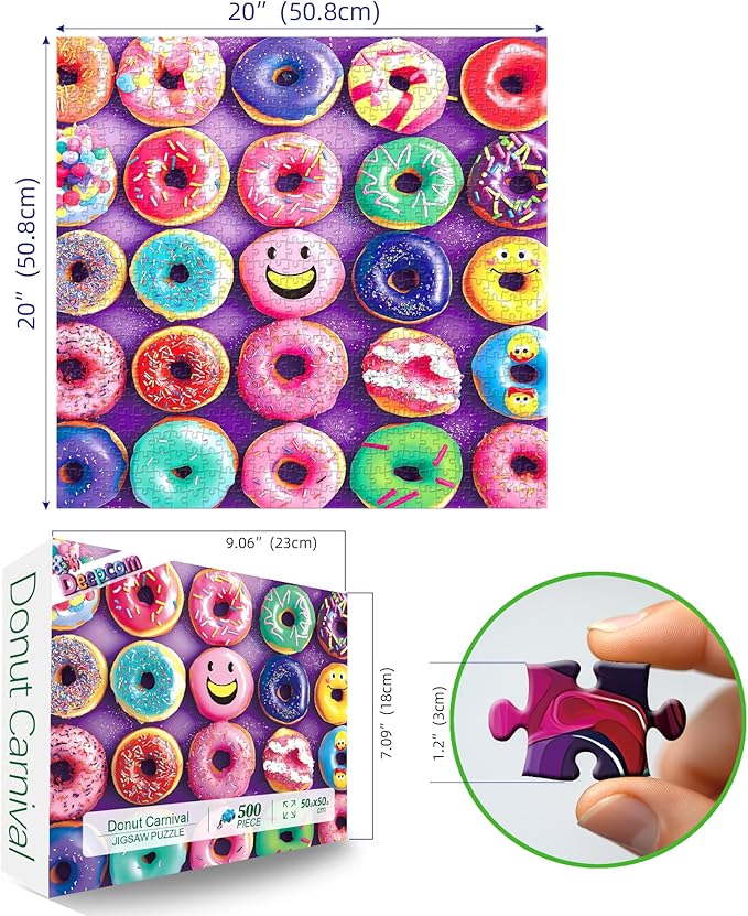 Colorful Donuts Jigsaw Puzzle for Adults, 500 Piece Funny Dessert Puzzles, 20 x 20 Inches for Relaxing EntertainmentT& Wall Decor