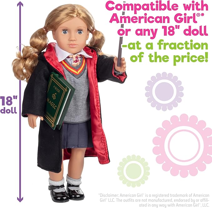 Deluxe 11pc Hermione Granger Inspired 18" Doll Outfit-Compatible w American Girl Outfit & Accessories Set w Robe, Wand, Book, Sweater, Shirt, Skirt, Socks, Shoes & Tie- Perfect Easter Basket Stuffer