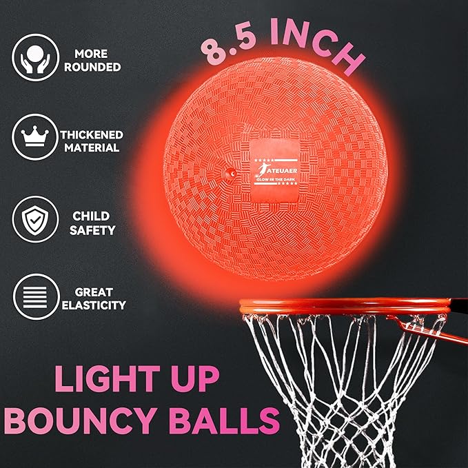 8.5 Inch Light up Kickball Set, Dodgeballs 2 Pack, Playground Balls Gift for Kids, Glow Bouncy Balls Includes Pump Storage Bag, Handball for Night, Glow in The Dark Party Supplies