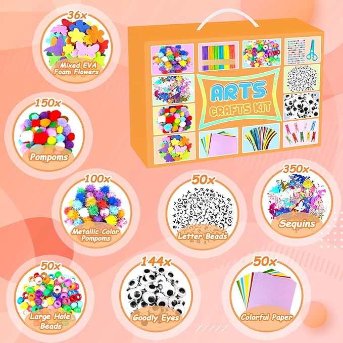 BNUZEIYI 2000 PCS Arts and Crafts Supplies for Kids All-in-1 Craft Kit with Pipe Cleaners Craft Box Set DIY Crafting Supply School Supplies Toys Gifts for Girls Boys Ages 4-6, 6-8, 8-12, Orange